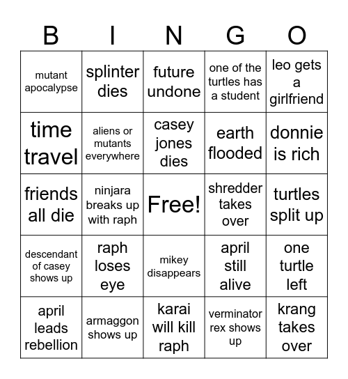 TMNT Future Bingo Card