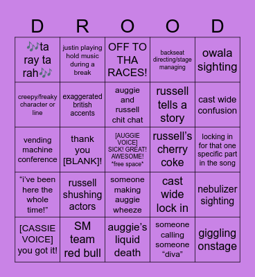 EDWIN DROOD REHEARSAL BINGO Card