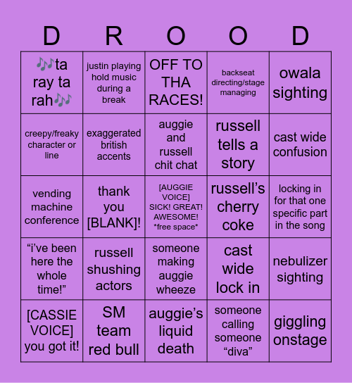 EDWIN DROOD REHEARSAL BINGO Card