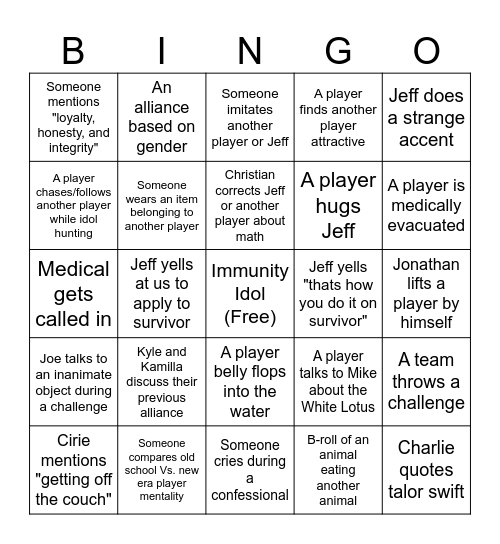 Survivor BINGO Card