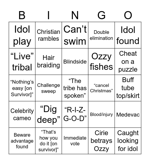SURVIVOR 50 PREMIERE Bingo Card