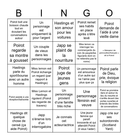 Hercule Poirot Bingo Card