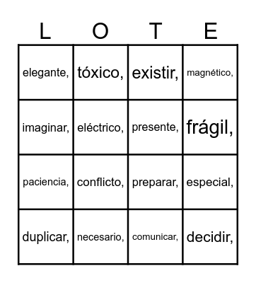 English/Spanish Cognates Bingo Card