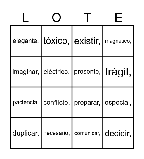 English/Spanish Cognates Bingo Card