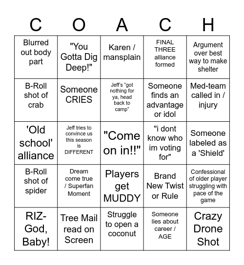 Survivor Premiere Bingo Card