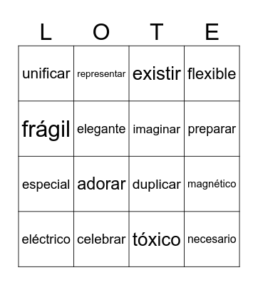 English/Spanish Cognates Bingo Card