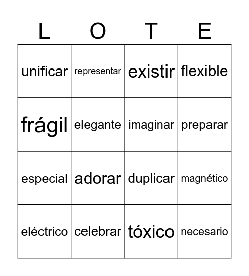English/Spanish Cognates Bingo Card