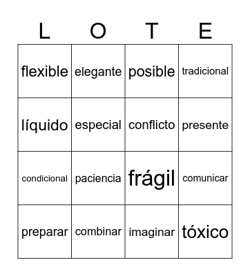 English/Spanish Cognates Bingo Card