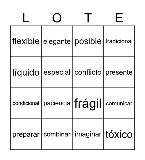 English/Spanish Cognates Bingo Card