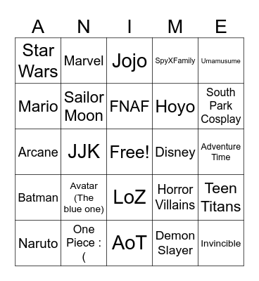 Cosplay Card Bingo Card