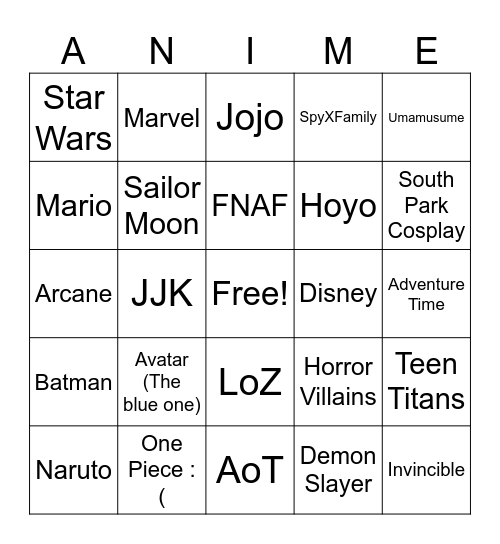 Cosplay Card Bingo Card