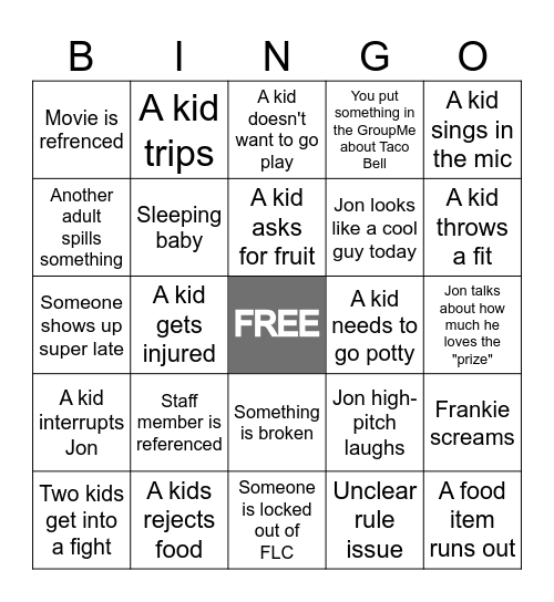Point Tally _______________ Bingo Card