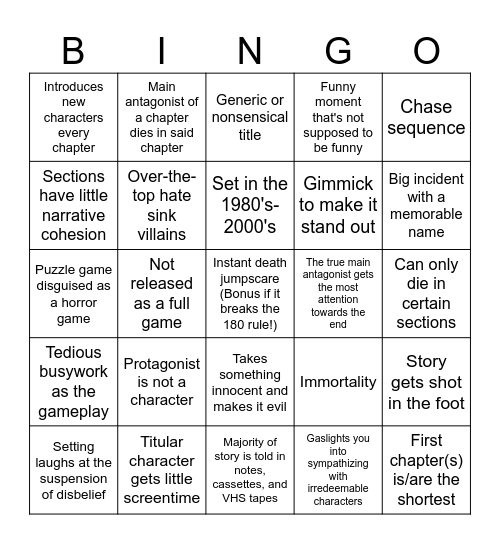 Mascot Horror Bingo Card