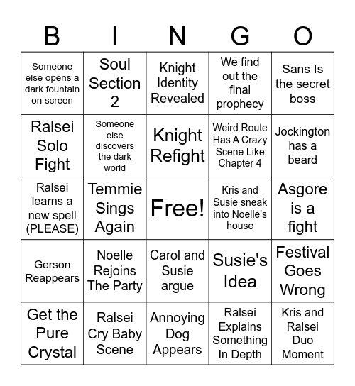 Deltarune Chapter 5 Bingo Card