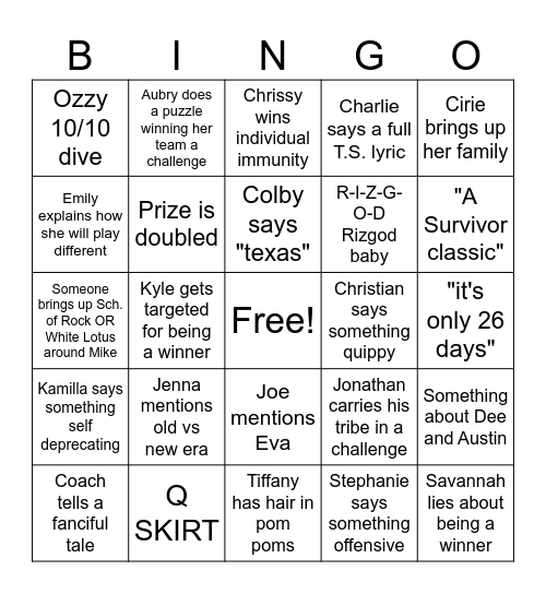 Survivor 50 Bingo Card