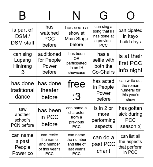 PCC Info Night Bingo Card
