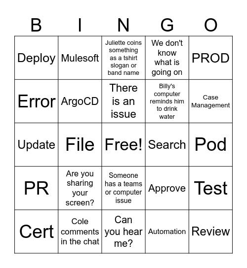 Solutioning PROD Night Bingo Card