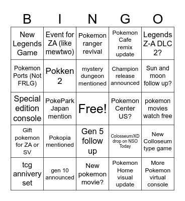 Pokemon Presents Bingo Card