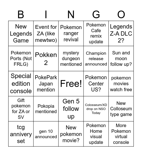 Pokemon Presents Bingo Card