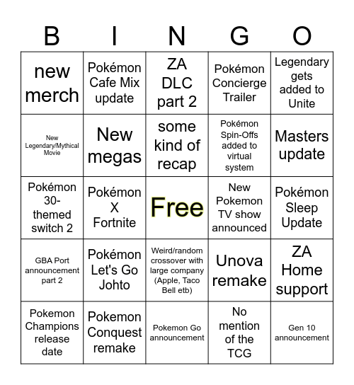 Pokemon Day Bingo Card