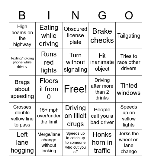 Asshole Driver Bingo Card