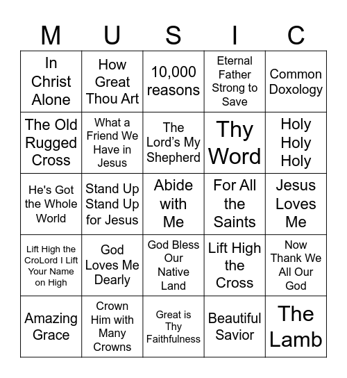 Church Music Bingo Card