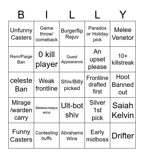 Deadlock Nightshift Bingo Card