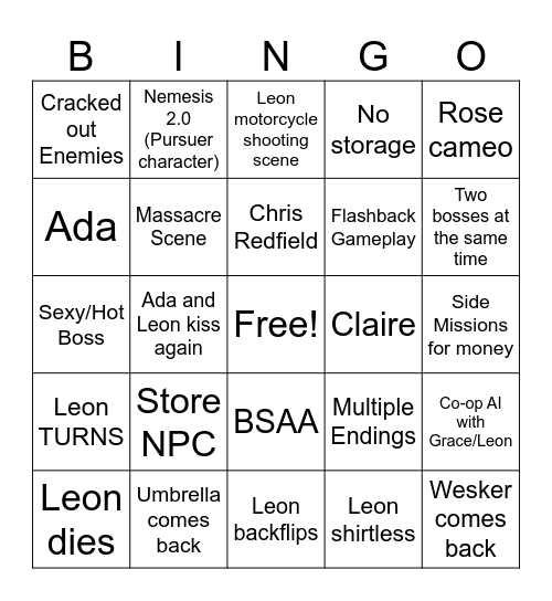 RE9 Bingo Card