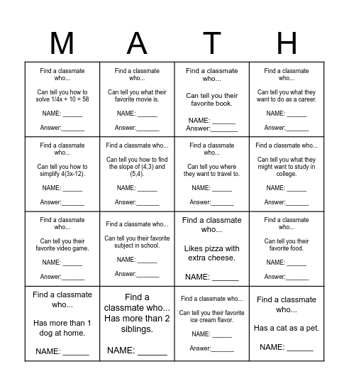 Human Bingo - Math Class Edition Bingo Card