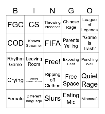 Gamer Rage Bingo Card