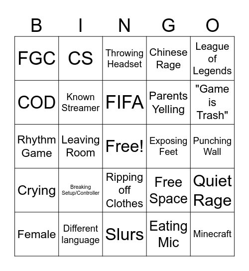 Gamer Rage Bingo Card