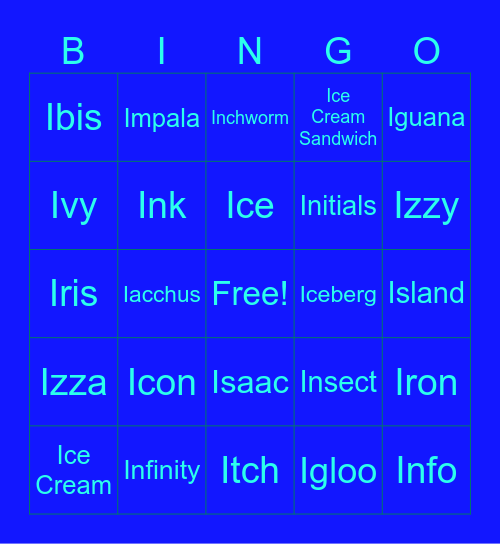 Letter I Bingo Card