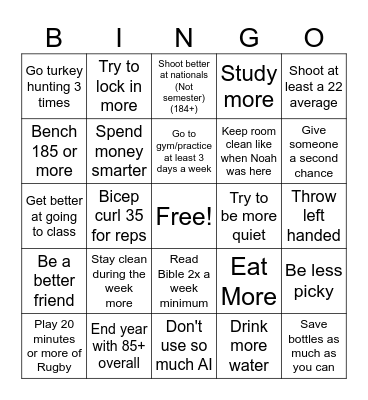 End of Semester goals Bingo Card