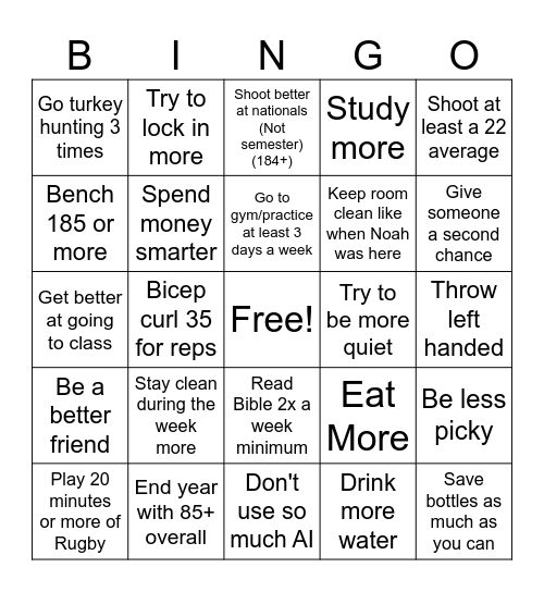 End of Semester goals Bingo Card