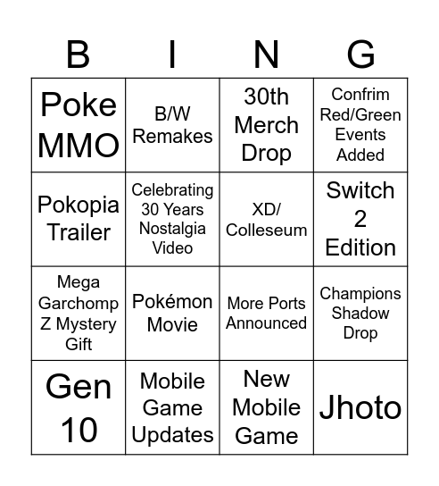 Pokemon Day Bingo Card