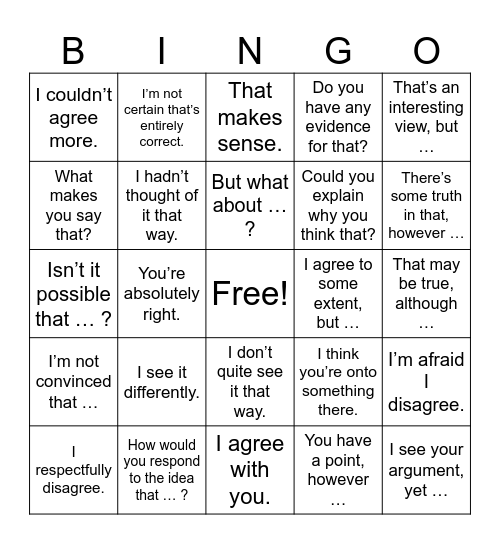Disagreeing politely Bingo Card