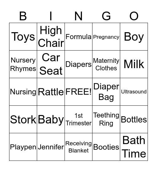 Jennifer's Baby Shower Bingo Card