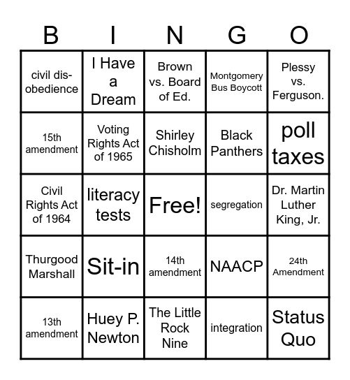 Civil Rights Bingo Card