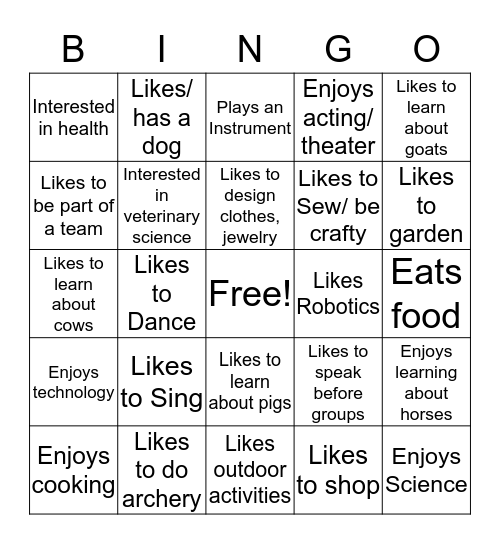 4-H Human Bingo Card