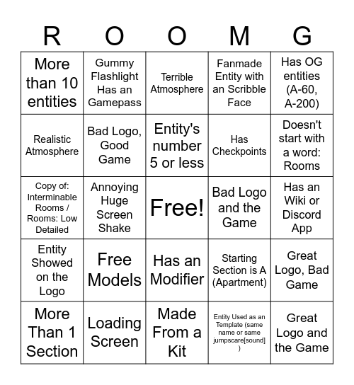 Rooms Fangame Bingo Card