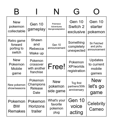 Pokemon Direct Bingo Card