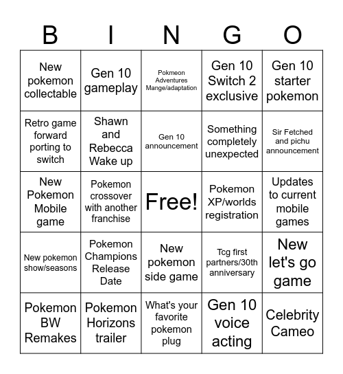 Pokemon Direct Bingo Card