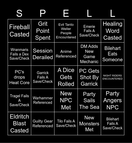 D&D Bing Session 13 Bingo Card