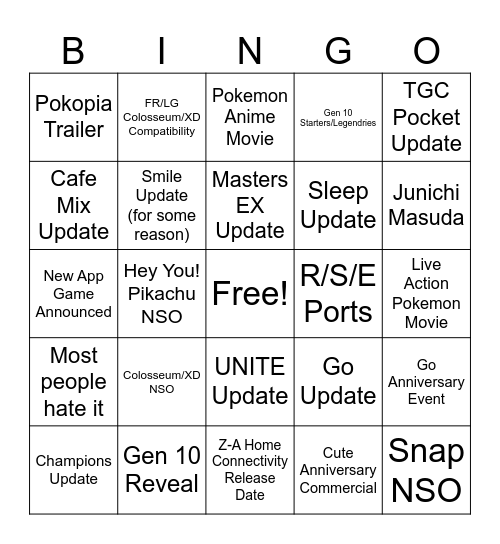 Pokemon Direct Bingo Card