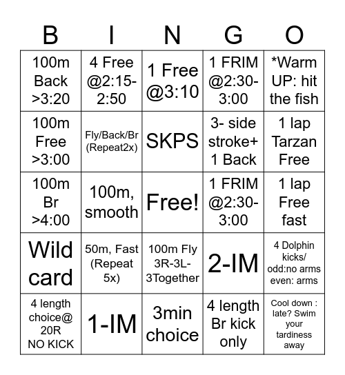Swimming Bingo 2026 Bingo Card
