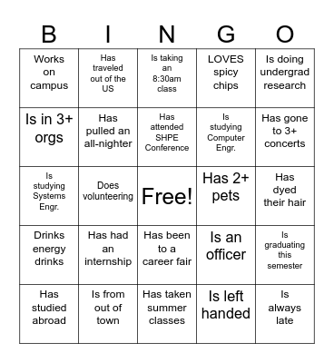 SHPE Social Night Bingo Card