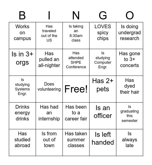 SHPE Social Night Bingo Card