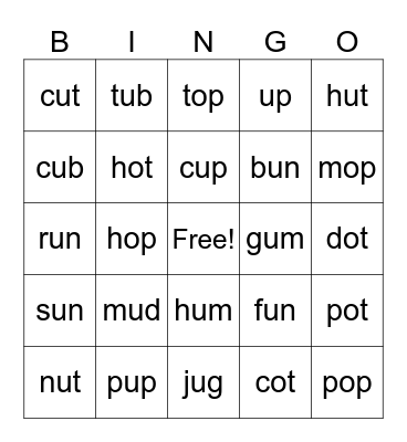 CVC Words Bingo Card