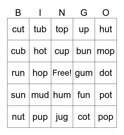 CVC Words Bingo Card