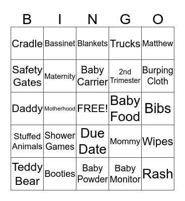 Jennifer's Baby Shower Bingo Card